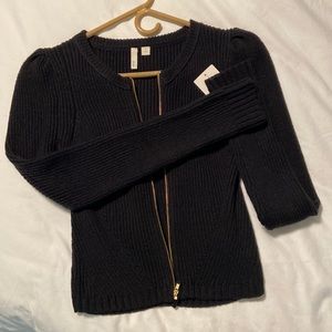 Frenchi Subtle Puff Sleeve Zip-Up Sweater